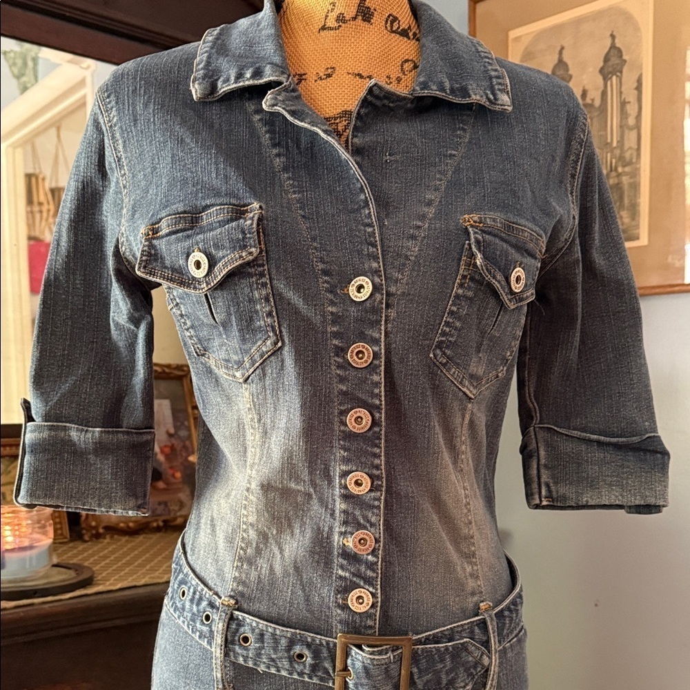 Hot Kiss Y2K Denim Shirt Dress Belted Button Front Blue Medium - Picture 5 of 16